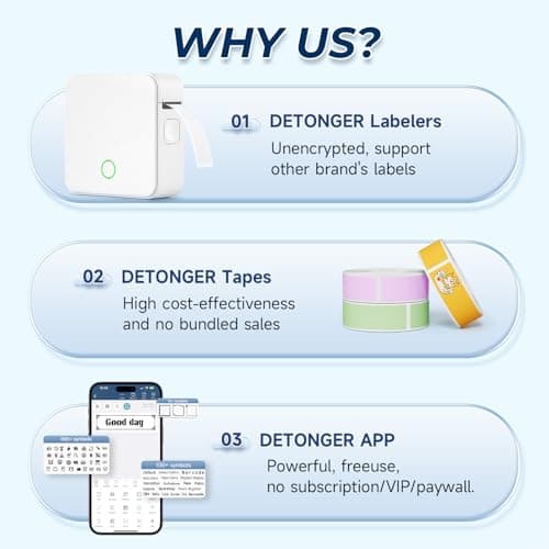DETONGER Label Maker Machine with Tape P0 Rechargeable Bluetooth Mini Label Printer Portable Small Thermal Labeling Machine Easy to Use for Home Office School Organization Battery Included White 8