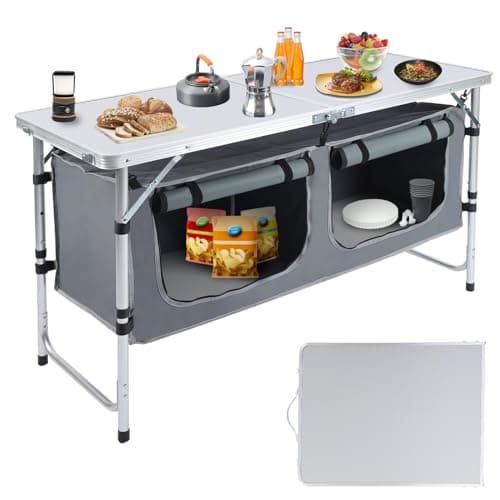 Pnbfhn Outdoor Folding Camping Table with Storage Organizer, Portable Aluminum Composite Panel Lightweight Table, 3 Adjustable Height, for Indoor, BBQ, Party, Picnic, Hiking, Beach
