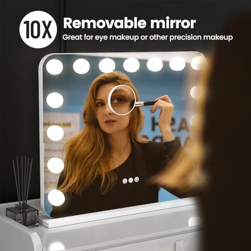 AJJSSA Vanity Mirror with Lights, 23"×18" Hollywood Vanity Mirror with Lights 15 Dimmable LED Bulbs, 3 Color Modes, 10X Magnification, USB Charging Port, Tabletop or Wall-Mounted (White, 23 * 18) 5