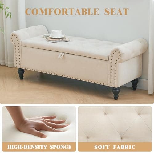 Dowiean 51" Storage Ottoman Bench, End of Bed Bench for Bedroom, Storage Ottomans for Foot of Bed, Chenille Upholstered Benches, Window Benches for Living Room, Entryway, Beige 6