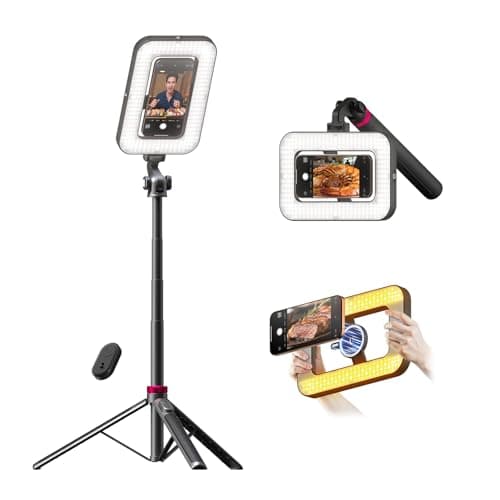 Tripod for iPhone with Light, Portable 15W Ring Light with Stand and Phone Holder for Video Recording, 6000mAh Magnetic Phone Tripod with Light 2500K-9000K for Food Hunt,Mukbang Video,Vlogging,CRI＞95