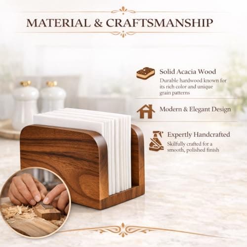 Acacia Wood Napkin Holder – Rustic Wooden Napkin Organizer for Kitchen, Dining Table, Picnic, Coffee Bar – Farmhouse Tabletop Dispenser for Square Paper Napkins 6