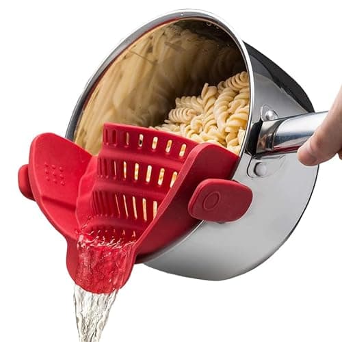 Kitchen Gizmo Snap N Strain Silicone Pot Strainer - Adjustable Clip-On Pasta Strainer for Pots, Pans, and Bowls - Large Red Kitchen Colander