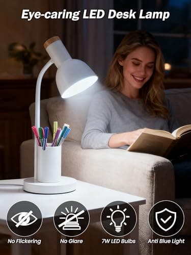 LED Desk Lamp for Home Office, Table Lamp with Pen Holder, 3 Color Modes Reading Light, Eye-Caring Desk Light with Gooseneck, Study Lamp for Kids Bedside Room College Dorm Essentials(White lamp) 5