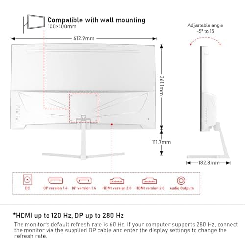 Gawfolk 27 Inch PC Computer Screen,1800R Curved Gaming 280Hz Monitors, FHD 1080p 1ms, Freesync, 98% sRGB,178 ° Angle View HDMI2.0、DisplayPort, Compatible with Wall-Mounted 100 * 100MM-White 6