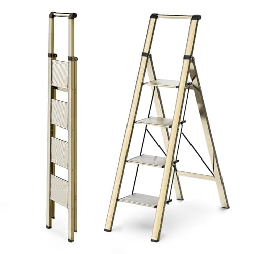 WOA WOA 4 Step Ladder, Ladders for Home, Anti-Slip Pedals, Aluminum Step Stool Foldable, Lightweight to Move, Ease of Storage, Reach 9ft for Closet Kitchen Library, Hold 300lbs - Gold