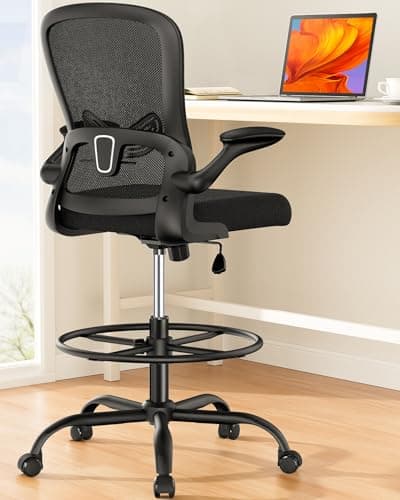 ErGear Drafting Chair, Standing Desk Chair with Flip-Up Armrests, High Desk Chair Adjustable Height, Ergonomic Tall Office Chair with Lumbar Support and Adjustable Footrest Ring