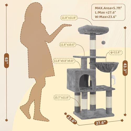 Heybly Cat Tree with Toy, Cat Tower Condo for Indoor Cats, Cat House with Padded Plush Perch, Cozy Hammock and Sisal Scratching Posts, Light Gray HCT004SW 5