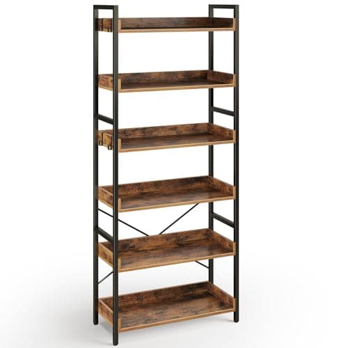 Rolanstar Bookshelf 6 Tier with 4 Hooks, Industrial Wood Bookcase, Vintage Storage Rack with Open Shelves, Rustic Standing Bookshelves Metal Frame Display Rack for Living Room, Bedroom, Rustic Brown