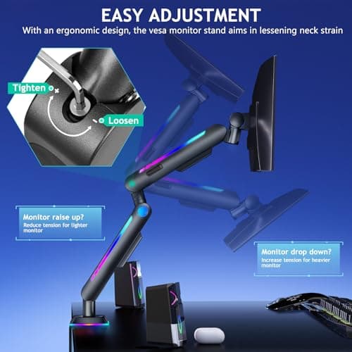 Heavy Duty Single Monitor Mount with RGB Light, Height Adjustable Arm for 17'32' Screens up to 19.8 lbs, VESA Mount with Clamp and Grommet Base, Black 6