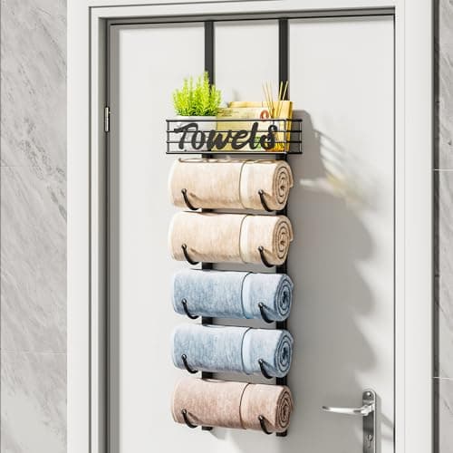 HapiRm Towel Racks for Bathroom Storage - 6 Tier Over The Door & Wall Mount Rolled Towel Storage Organizer Holder with Metal Shelf Basket for Small Bathroom, Camper, Rv - Black, Patented 8