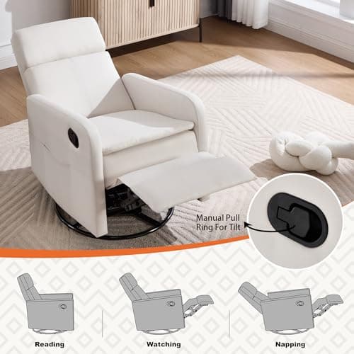 Ketaiyou Swivel Rocking Recliner Chair for Adults, Rocker Nursery Glider Chair for Living Room Bedroom, Upholstered Fabric Reclining Single Sofa Chair(Beige) 6