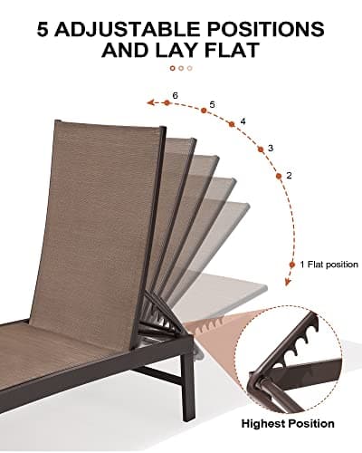 Crestlive Products Lounge Chair Outdoor Set of 2, Aluminum Pool Chaise Lounge Chairs, Adjustable Five-Position Tanning Recliner, All Weather for Patio, Beach, Yard, Pool (Brown) 6