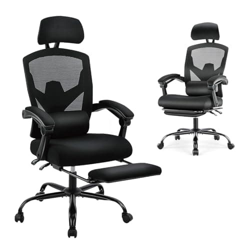 DUMOS Home Office Desk Chair with Footrest, High-Back Mesh Rolling Swivel Reclining Chairs with Wheels, Comfortable Headrest, Lumbar Support, Comfy Arms for Home, Office, Gaming, Student, Inky