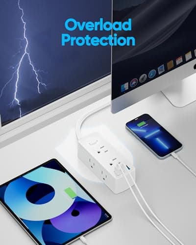 Power Strip Surge Protector, Olcorife Ultra Thin Flat Plug Extension Cord 5ft, 6 Outlets 3 USB Ports(1 USB C), 3 Sided Outlet Extender for Home Office Travel Dorm Room Essentials, White 6