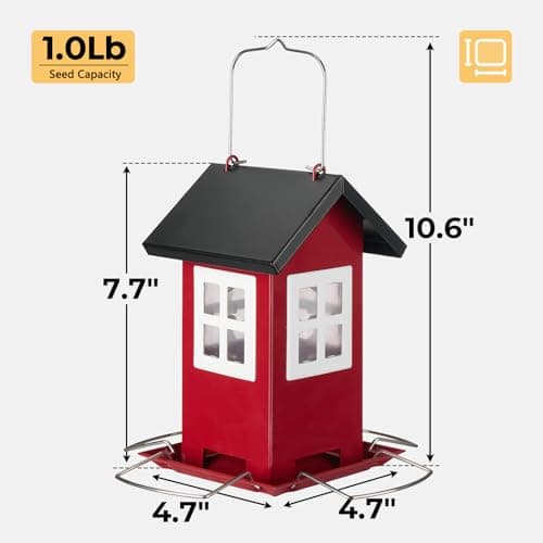 Veehoo Bird House Feeders for Outdoors Hanging-Metal Wild Bird House Feeders with 4 Ports, Country House Design, Garden Yard Decor Weatherproof Hanging Bird Feeder for Outside, Red 5