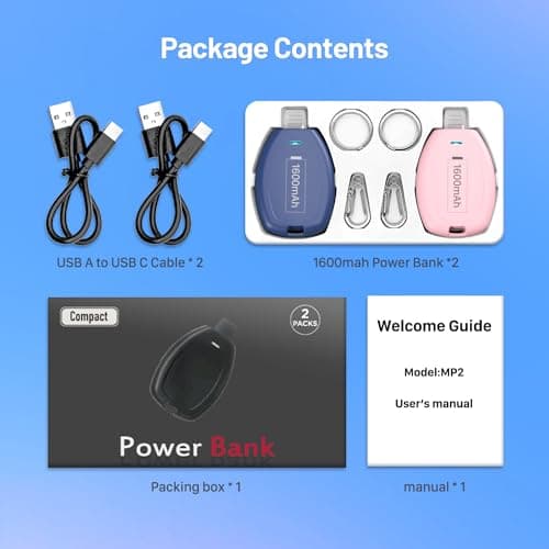 HUAENG (2-Pack USB C Keychain Portable Charger, 1600mAh Mini Power Bank Ultra-Compact Battery Pack Power Emergency pod for iPhone 17/16/15 / Android Type-C Phones Samsung, Pixel, Moto etc-Pink&Blue 7