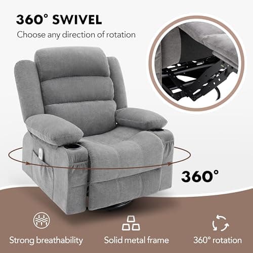 Rocker Recliner Chair with Heat and Massage, 360° Swivel Recliner Chairs for Adults, Oversized Recliner Single Sofa Seat with Cup Holders, Lazy Boy Recliner Single Sofa Seat, Grey 6