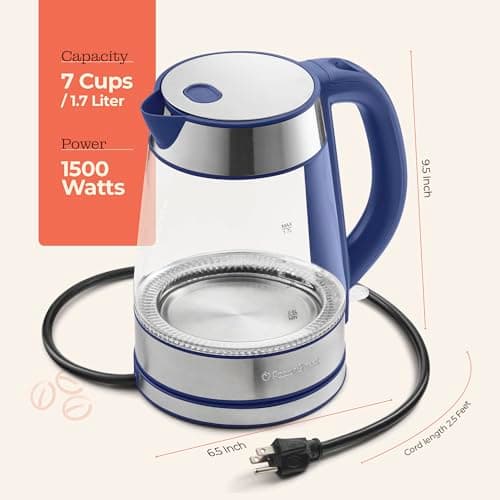 Speed-Boil Water Electric Kettle, 1.7L 1500W, Coffee & Tea Kettle Borosilicate Glass, Wide Opening, Auto Shut-Off, Cool Touch Handle, LED Light. 360° Rotation, Boil Dry Protection 7
