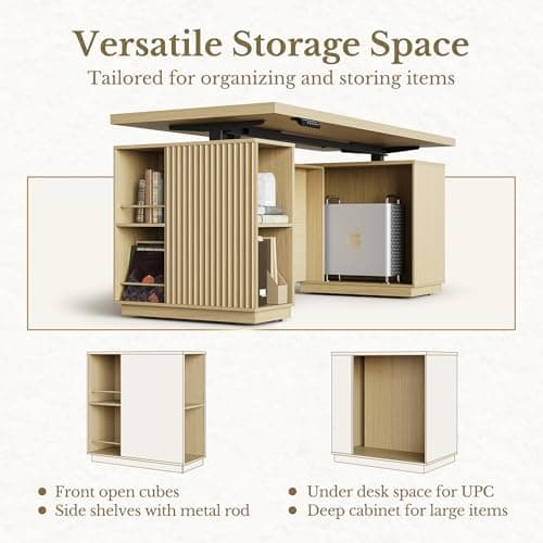 Perledesign 70" Standing Desk with Storage, Executive Electric Height Adjustable Stand Up Desk with AC/USB and Privacy Panel, Large One-Piece Destop, Fluted Computer Desk for Home Office, Light Walnut 5