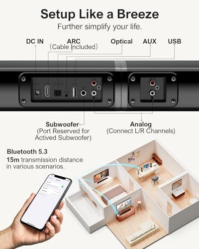 ULTIMEA 2.2ch Sound Bar for TV, Peak Power 100W, 2-in-1 Detachable Bluetooth 5.3 Soundbar for TV, 3 EQ Modes, Bass Adjustable for TV Speakers, App, ARC/Optical/Aux/Wall Mount, Apollo S40 7