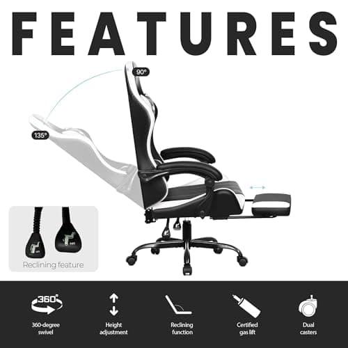 N-GEN GAMING Video Gaming Chair with Footrest Lumbar Support for Home Office High Back Recliner Height Adjustable Ergonomic Comfy Leather Computer Desk Chair (White) 5
