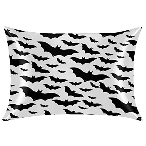 Silk Satin Pillowcase Standard Size for Hair and Skin, Black Bat Halloween Cooling Pillow Case with Hidden Zipper Soft Breathable Pillow Cover Gifts for Women Men, 20x26in