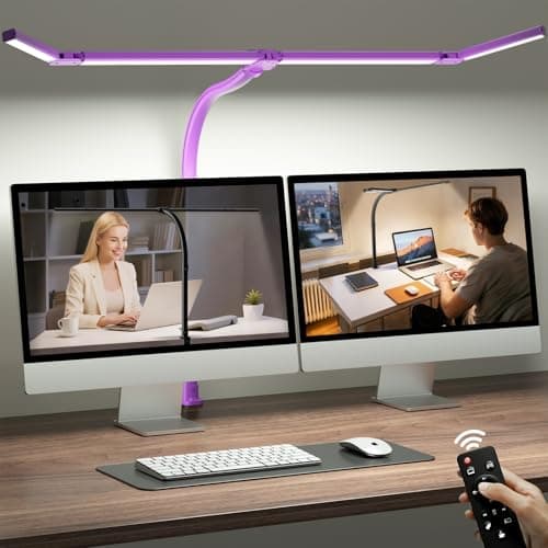 ONEMIX 42" LED Desk Lamp with Clamp for Home Office, 24W Eye-Caring Dual Monitor Smart Desk Light, Adjustable Gooseneck, 5 Color & 5 Brightness Table Lamp for Reading, Study, Drafting, Workbench