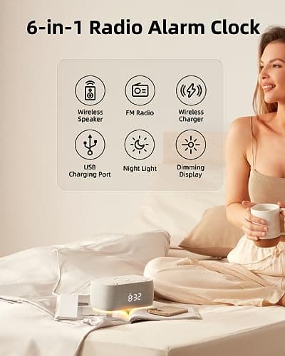 EZVALO Alarm Clock with Wireless Charger,Multifunctional Digital Clock Radio with Speaker,Dimmable LED Display with 9V&2A Fast Charging Port,Night Light for Bedroom, Gray 6