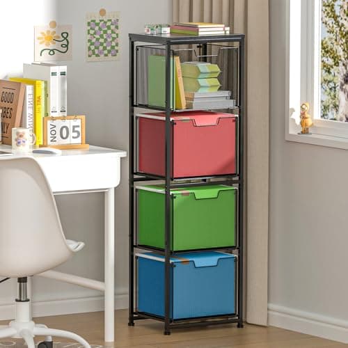 Feyejade File Cabinet 4 Drawers, Hanging Letter File Holder with Metal Frame & Wood Board, Letter Size Filing Holder with Adjustable Feet for Home Office, Solide Metal Drawers for Documents