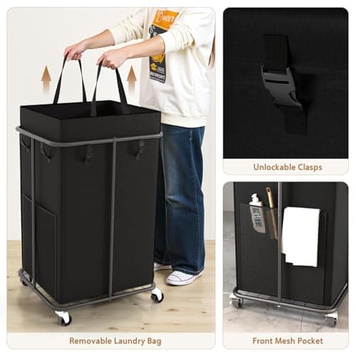 150L Large Laundry Basket with Wheels, Rolling Laundry Hamper with Removable Laundry Bag & Metal Frame, Oxford Fabric Dirty Clothes Hampers for Bedroom, Laundry Room, Bathroom, Dorm(Black) 5