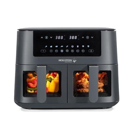 Holstein Housewares 8.4QT Dual Basket Digital Air Fryer with viewing window and led display with 7 preset options. Fry, bake, grill, dehydrate, and roast healthier recipes. Dishwasher Safe