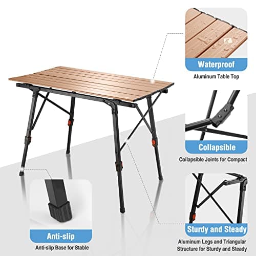 VILLEY Portable Camping Table with Adjustable Legs, Lightweight Aluminum Folding Beach Table with Carrying Bag for Outdoor Cooking, Picnic, Beach, Backyards, BBQ and Party - Gold 7