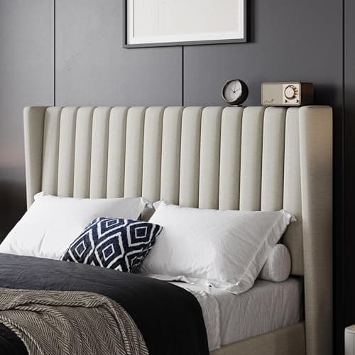 Yaheetech Full Bed Frame Upholstered Platform Bed with Fabric Headboard, Wing Edge Design/Non-Slip and Noise-Free/Wooden Slats Support/No Box Spring Needed/Easy Assembly, Ivory Full Bed 9