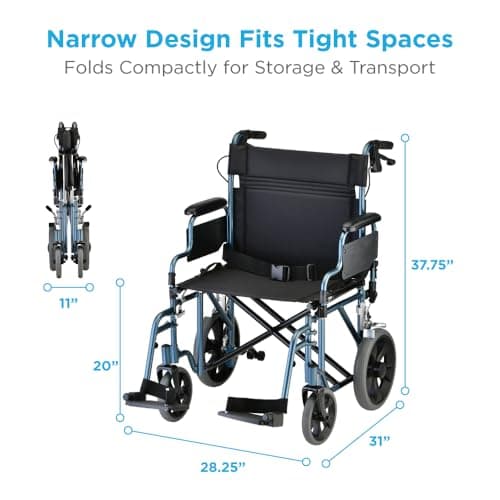 NOVA Heavy Duty Bariatric Transport Chair with 400 lb. Weight Capacity, 22” Extra-Wide Seat with Locking Hand Brakes, Flip Up Arms (for Easy Transfer), Anti-Tippers, 12” Rear Wheels, Color Blue 8
