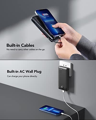 VRURC Portable Charger 20000mAh, Fast Charging Power Bank USB C,4 Output 2 Input Travel Essentials Charging Bank Equipped with LED Display,Built-in Wall Plug and Cables,Phone Charger Battery,Black 8