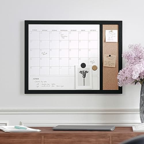 Martha Stewart Everette Magnetic Dry Erase Monthly Calendar and Cork Board Combo with Included Marker, Magnets, and Push Pins, 24"x18", Black Woodgrain Frame 5
