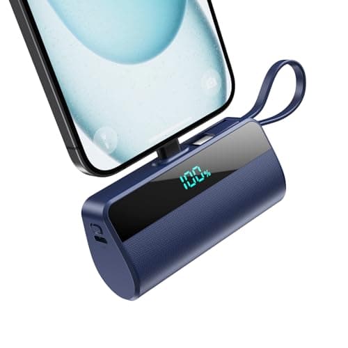 Small Portable Charger for iPhone with Built in USB C Cable, 5500mAh Mini Power Bank 20W PD Fast Charging, LCD Display Battery Pack for iPhone 17/16/15/14/13/12/11/X/8/6 Series Android Galaxy (Blue)
