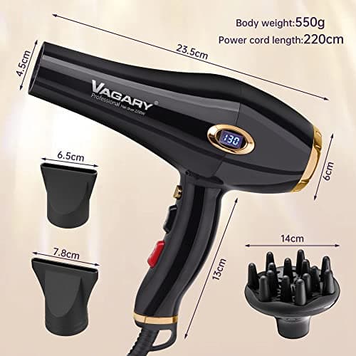 VAGARY 6685G Professional Salon Hair Dryer 2200w with Icd Display,Negative Ionic Blow Dryer,Powerful AC Motor Blow Dryer,Low Noise Hair Dryers,2 Speeds and 2 Heat Settings 1 Cool Shot Button 6