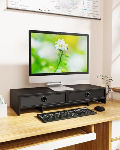 Bamneat Computer Monitor Stand with Two Drawers, Premium Dual Monitor Stand Riser, Adjustable Length and Angle Monitor Riser for 2 Monitors, Desk Organizer, Pre-Assembled 6