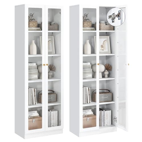 IRONMIX White Bookcase with Doors and Shelves, 5-Tier Tall Bookshelf with Storage Cabinet, 70.87" Display Cabinet for Collectibles, Display Case for Home Office Library