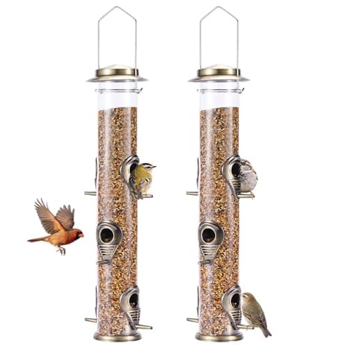 MIXXIDEA 2PK Metal Bird Feeders with 6 Feeding Ports,Tube Bird Feeder with Steel Hanger,Hard Plastic Wild Bird Feeder for Outdoors Hanging, Attracting Birds in Your Lawn, Garden, Balcony (Bronze)