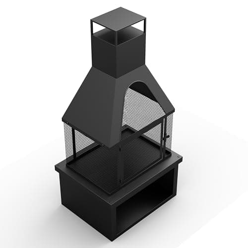 43" H Living Outdoor Wood Burning Fire Pit with Wood Storage,Chiminea Fireplace with Mesh Spark Screen Doors, Black 6