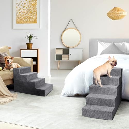 Heeyoo Dog Stairs for Small Dogs, 4-Step Dog Steps for High Bed and Couch, High-Density Foam Pet Steps with Supporting Board, Non-Slip Removable Washable Cover, Grey, 18" High 7