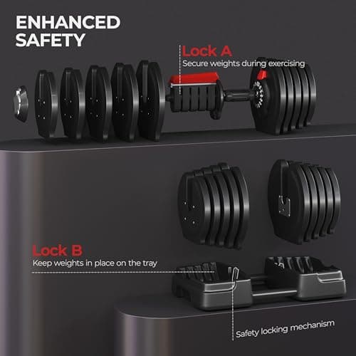 Yaheetech Adjustable Dumbbell Set 90lbs Fast Adjust Dumbbells 2 in 1 Dumbbell Weight Set Free Weight Set Used as Barbell, with Tray for Men/Women Strength Training Equipment 6