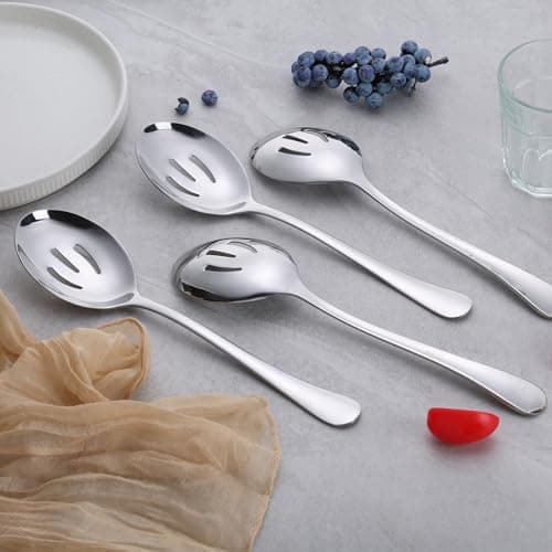 E-far Large Serving Slotted Spoons Set of 4, 9.8 Inch Stainless Steel Serving Utensils Set, Big Buffet Spoons for Party Catering Wedding Kitchen Restaurant, Dishwasher Safe 7