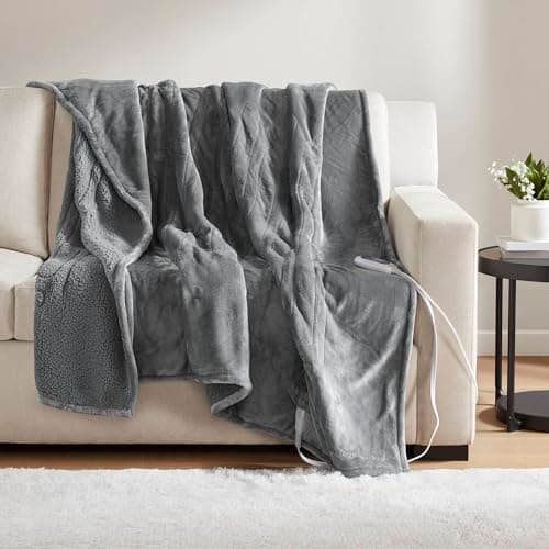 Beautyrest Heated Blanket, Electric Throw Blanket, Soft, Warm, Reversible Plush - Sherpa Heating Blanket Throw, 3 Heat Settings, 2 hr Auto Shut Off, Machine Washable, Oversized 60 in x 70 in, Grey