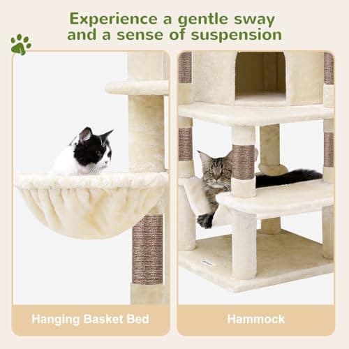 Globlazer Corner Cat Tree for Large Cats, 66inch Tall Curved Series Large Cat Tower for Multiple Indoor Cats with 6 Scratching Posts, 2 Spacious Cat Condos, Hammock, Hanging Basket, C66, Beige 5