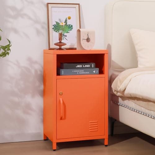 ALBAD Compact Metal Nightstand with Lockable Cabinet and Open Shelf, Modern Bedside Table, Versatile Side Table for Bedroom, Living Room, or Office (Orange, 26" H-Lockable Door)