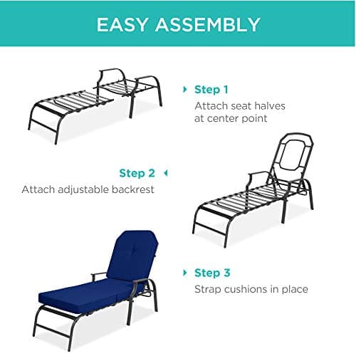 Best Choice Products Adjustable Outdoor Steel Patio Chaise Lounge Chair Furniture for Patio, Poolside w/ 5 Positions, UV-Resistant Cushions - Dark Gray/Navy 7